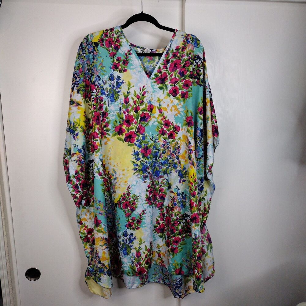 Winlar Floral Kaftan Mumu Beach Cover Dress Womens Sz OS White Blue Pink Yellow